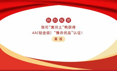 【喜報(bào)】—我司黃河土鴨獲4A(鉑金級(jí)）“豫農(nóng)優(yōu)品”認(rèn)證！